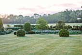 SILVER STREET FARM, DEVON. DESIGNER ALASDAIR CAMERON: JUNE, EARLY MORNING, BORDERS, LAWN, HEDGES, HEDGING, CLIPPED TOPIARY YEW DOMES, BEECH, GREEN, BORROWED LANDSCAPE