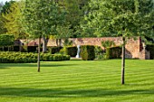 URCHFONT MANOR, WILTSHIRE: CLIPPED TOPIARY BOX SHAPES, FORMAL, CONTEMPORARY, PARTERRE, GREEN, LAWN, DESIGNERS DEL BUONO GAZERWITZ, ELEANOR JONES, YEW, CLOUD PRUNED, WALLS
