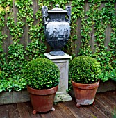 TWO BOX BALLS FLANK A PEDESTAL WITH LEAD URN ON DECKING DESIGNER: CHRISTIAN WRIGHT  SAN FRANCISCO