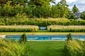 CHETTLE, DORSET: THE SWIMMING POOL, LAWN, PATHS, WILDFLOWERS, OXE - EYE DAISIES, JUNE