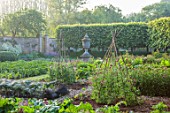 VEN HOUSE, SOMERSET: THE WALLED GARDEN, JUNE, SUMMER, VEGETABLE GARDEN, PEONIES, SWEET WILLIAMS, CRAMBE CORDIFOLIA, WALLS, SWEET PEAS, STONE URN, PLEACHED LIMES