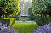 VEN HOUSE, SOMERSET: THE WALLED GARDEN, JUNE, SUMMER, LAWN, PLEACHED LIMES, FOUNTAIN, WATER