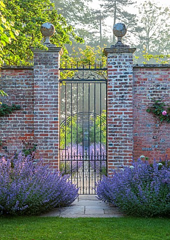 VEN_HOUSE_SOMERSET_THE_WALLED_GARDEN_VIEW_THROUGH_ORNATE_METAL_GATES_TO_PEAR_TUNNEL_NEPETA_SIX_HILLS