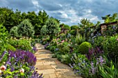 MORTON HALL, WORCESTERSHIRE: SOUTH GARDEN, JULY, ROSES ST CECILIA, JACQUES CARTIER, CLAIRE AUSTIN, MAYFLOWER, MARY ROSE, CLEMATIS DURANDII, NEPETA WALKERS LOW, SALVIA MAINACHT