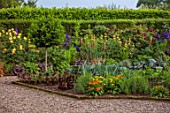 MORTON HALL, WORCESTERSHIRE: THE KITCHEN GAREDN, POTAGER, IN JULY, SUMMER, VEGETABLES, EDIBLES