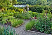 HURDLEY HALL, POWYS, WALES: JULY, POTAGER, KITCHEN GARDEN, VEGETABLE GARDEN, FORMAL, GREENHOUSE, PATHS