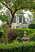 THE LASKETT GARDENS, HEREFORDSHIRE. DESIGNER ROY STRONG - BELVEDERE VIEWING PLATFORM, FOLLY, FOLLIES, BUILDINGS, BALUSTRADE, STAIRS, JULY, SUMMER