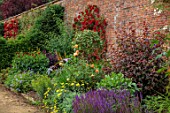 BOWOOD HOUSE AND GARDENS, WILTSHIRE: WALLED GARDEN, WALLS, BORDERS, FLOWERS, ROSES, JULY