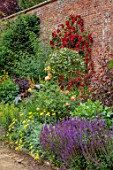 BOWOOD HOUSE AND GARDENS, WILTSHIRE: WALLED GARDEN, WALLS, BORDERS, FLOWERS, ROSES, JULY