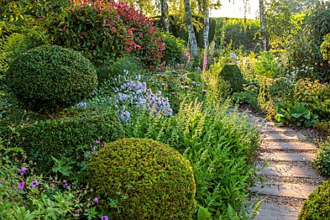 THE_LASKETT_GARDENS_HEREFORDSHIRE_DESIGNER_ROY_STRONG__BORDERS_PATHS_CLIPPED_TOPIARY_SUMMER_JULY_SUN