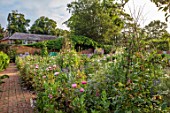 PRIORS MARSTON, WARWICKSHIRE, THE MANOR HOUSE:  POPPIES, SWEET PEAS, TRIPOD, OBELISK, WALLED GARDEN, WALLS, CUTTING, VEGETABLE, POTAGER, JULY, SUMMER, ENGLISH, COUNTRY, PATHS