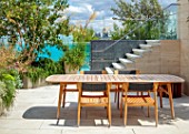 MAYFAIR PENTHOUSE GARDEN, LONDON, PLANTING ALASDAIR CAMERON: TERRACE, ROOF, HEPTACODIUM MICONIOIDES, INSIDE OUT, CONSERVATORY, TABLE, CHAIRS, ELEAGNUS TENPIN, STEPS, SWIMMING POOL