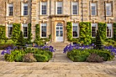PRIVATE GARDEN, GLOUCESTERSHIRE - DESIGNER ANGEL COLLINS: TERRACE IN FRONT OF HOUSE, BEDS, BORDERS, BLUE FLOWERS OF AGAPANTHUS NAVY BLUE, AUGUST, SUMMER, ENGLISH, COUNTRY, GARDEN