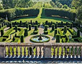 VEN HOUSE, SOMERSET: VIEW FROM THE ROOF OF VEN HOUSE, SOMERSET, AUGUST, SUMMER, LANDSCAPE, TOPIARY, FORMAL GARDEN