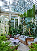 VEN HOUSE, SOMERSET: THE CONSERVATORY, CHAIRS, GLASSHOUSE, GREENHOUSE, SUMMER, AUGUST
