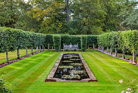 ROCKCLIFFE_GLOUCESTERSHIRE_PLEACHED_LIMES_GRASS_LAWN_FORMAL_RECTANGULAR_POOL_POND_RILL_HEDGES_HEDGIN