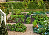 ROCKCLIFFE, GLOUCESTERSHIRE: THE WALLED KITCHEN GARDEN, VEGETABLES, COUNTRY, POTAGER, COPPER CONTAINER, COSMOS, LEEKS, LETTUCE, FORMAL