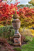 WILD THYME COTTAGE, STAFFORDSHIRE: AUTUMN, TERRACOTTA URN, CONTAINER, LAWN, MAPLES, FALL, FOLIAGE, LAWN, BORDERS