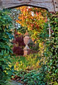 WILD THYME COTTAGE, STAFFORDSHIRE: AUTUMN, FALL, NOVEMBER, VIEW THROUGH ARCH TO TERRACOTTA URN, YELLOW, ORANGE LEAVES OF PARROTIA PERSICA VANESSA
