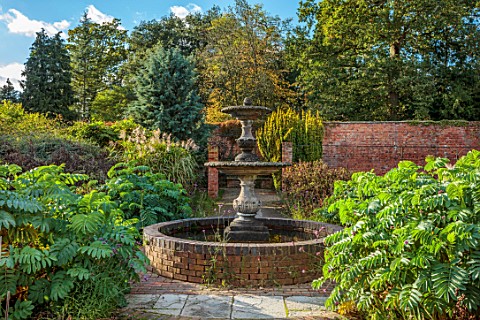 SPETCHLEY_PARK_GARDENS_WORCESTERSHIRE_THE_WALLED_GARDEN_FOUNTAIN_PATHS_MELIANTHUS_MAJOR_AURUMN_FALL_
