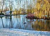 PRIORS MARSTON, WARWICKSHIRE, THE MANOR HOUSE: FROST, SNOW, WINTER, DECEMBER, LAKE, WATER, SWANS, BIRDS, BOAT HOUSE, BOATHOUSE, WEEPING WILLOW