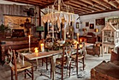 CEST TOUT INTERIORS: THE BARN SHOP, VINTAGE FRENCH DINING TABLE, CHRISTMAS, CANDLES, CANDLESTICKS, FAIRY LIGHTS, FOLIAGE, TUREENS, GLASS BAUBLES, LINEN RAG CHANDELIER