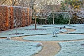 THE OLD RECTORY, QUINTON, NORTHAMPTONSHIRE: DESIGNER ANOUSHKA FEILER: FROST, WINTER, ENGLISH, COUNTRY, PATHS, LAWN, JANUARY, HEGDES, SAWN SCULPTURE BY MICHELLE