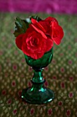 THE HYDE, HEREFORDSHIRE: JANUARY, TABLE DECORATION BY SHANE CONNOLLY, RED BEGONIA IN GREEN GOBLET