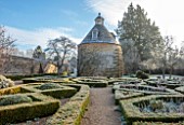 ROUSHAM, OXFORDSHIRE: THE ROSE GARDEN, JANUARY, FROST, FROSTY, WINTER, PIGEON HOUSE GARDEN, BOX HEDGES, HEDGING