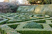 ROUSHAM, OXFORDSHIRE: THE ROSE GARDEN, JANUARY, FROST, FROSTY, WINTER, PIGEON HOUSE GARDEN, BOX HEDGES, YEW, HEDGING