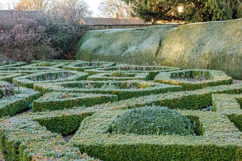 ROUSHAM_OXFORDSHIRE_THE_ROSE_GARDEN_JANUARY_FROST_FROSTY_WINTER_PIGEON_HOUSE_GARDEN_BOX_HEDGES_YEW_H