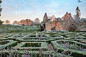 ROUSHAM, OXFORDSHIRE: THE ROSE GARDEN, JANUARY, FROST, FROSTY, WINTER, PIGEON HOUSE GARDEN, BOX HEDGES, HEDGING, PARTERRE