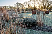 SILVER STREET FARM, DEVON: WINTER, FROST, FROSTY, JANUARY, BORDERS, HEDGES, HEDGING, GRASSES, YEW DOME, LAWNS, PATHS, VERBASCUM, PHLOMIS
