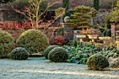 LOWER BOWDEN MANOR, BERKSHIRE: JANUARY, WINTER, LAWN, CLIPPED HOLLY BALLS, YEW BALLS, BERGENIA, BORDER, CONTAINERS, WALLS