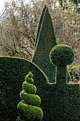 YORK GATE, LEEDS: CLIPPED TOPIARY SHAPES, HEDGES, HEDGING, PATHS, WINTER, FEBRUARY, HERB GARDEN