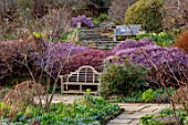 GRAVETYE MANOR, SUSSEX: STEPS, WOODEN BENCH, STONE BENCH, PINK FLOWERS OF HEATHERS, SPRING, MARCH, EVENING LIGHT