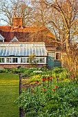 LITTLE COURT, HAMPSHIRE: MARCH, SPRING, FLOWERS, BLOOMS, BORDER, FRITILLARIA IMPERIALIS, DAFFODILS, GREENHOUSE
