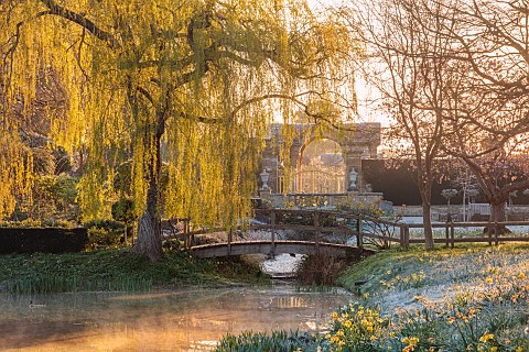 HEVER_CASTLE_KENT_MARCH_WINTER_SPRING_FROST_MIST_WILLOW_BRIDGE_WATER_CANAL_DAFFODILS