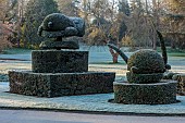 HEVER CASTLE, KENT: MARCH, WINTER, SPRING, THE TOPIARY WALK, LAWN, CLIPPED, YEW, FROST