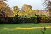 PINE HOUSE, LEICESTERSHIRE: LAWN, CLIPPED TOPIARY HEDGES, HEDGING, BORROWED LANDSCAPE, CLIPPED BIRDS, APRIL