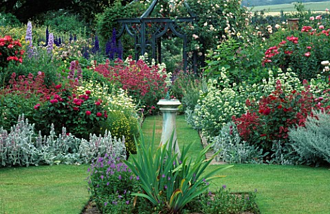 BORDER_OF_WHITE_AND_PINK_VALERIAN__DELPHINIUMS__ROSA_PROSPERO_AND_ROSA_DE_RESCHT_AT_WOLLERTON_OLD_HA