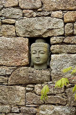 PATTHANA_GARDEN_IRELAND_WALL_WITH_BUDDHA_HEAD_IN_NICHE_ACER_SPRING_MAY