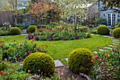 PATTHANA GARDEN, IRELAND: BOX BALLS, LAWN, BORDERS, MAY, SPRING, BLOSSOM, HOUSE, FENCE, FENCING, PATHS