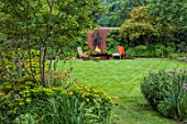 DESIGNER JAMES SCOTT, THE GARDEN COMPANY: LAWN, BARBEQUE, BARBECUE, BBQ, CHAIRS, WALLS, BORDERS, GEUM TOTALLY TANGERINE, SPRING, MAY