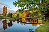 COWDEN JAPANESE GARDEN, SCOTLAND: LAKE, AZALEAS, WOODEN BRIDGE, THE LOCH, SPRING, REFLECTIONS