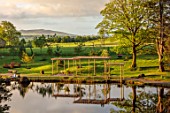 COWDEN JAPANESE GARDEN, SCOTLAND: THE LOCH, LAKE, PATH, LAWNS, TREES, REFLECTIONS