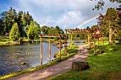 COWDEN JAPANESE GARDEN, SCOTLAND: LAWNS, WATER, PATHS, TREES, RAINBOW, THE LOCH