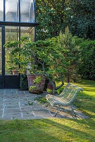 LOWER_BOWDEN_MANOR_BERKSHIRE_THE_FOLLY_NEO_GOTHIC_CONSERVATORY_GLASSHOUSE_METAL_BENCH_SEAT_CLIPPED_T