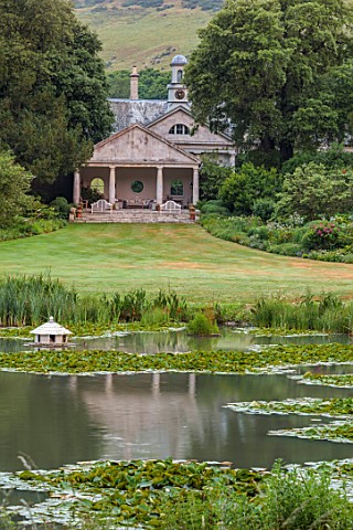ENCOMBE_HOUSE_DORSET_WATER_LAKE_TEMPLE_LAWN_HILLS_DUCK_HOUSE_WATERLILIES