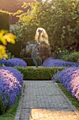 BORDE HILL GARDEN, WEST SUSSEX: JAY ROBINS ROSE GARDEN, JUNE, FOUNTAIN OF APHRODITE BY BRENDON MURLESS, PATHS, LAVENDER, LAVENDULA LODDON BLUE
